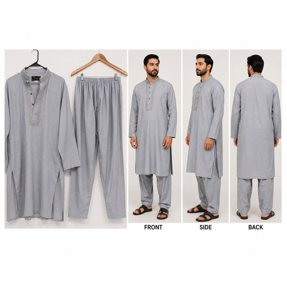 Nausha Men's Large Gray Kurta Pajama 2 Piece Pakistani Indian Traditional SetA27